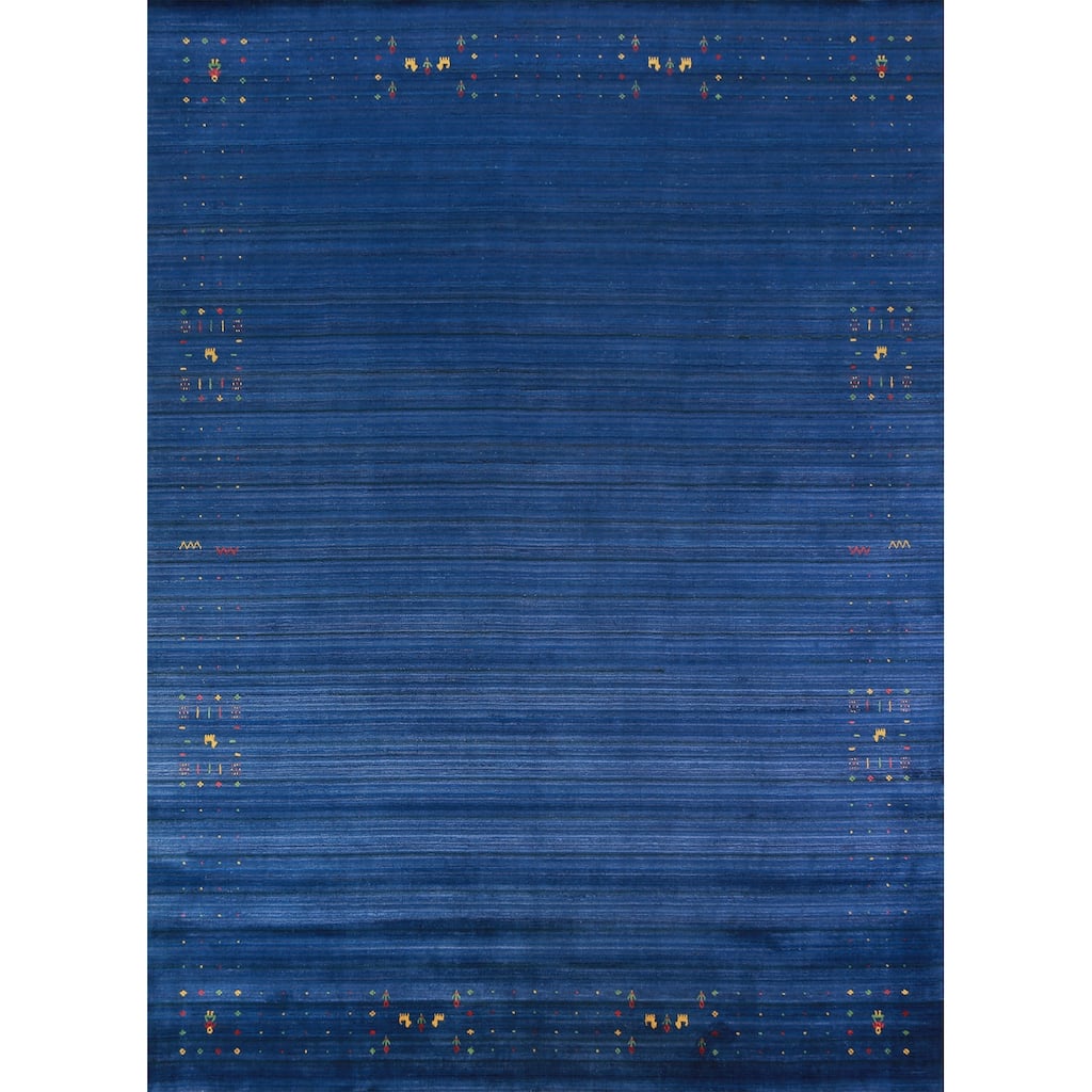 Blue Gabbeh Indian Area Rug Handmade Silk Carpet - 8'11" x 11'4"