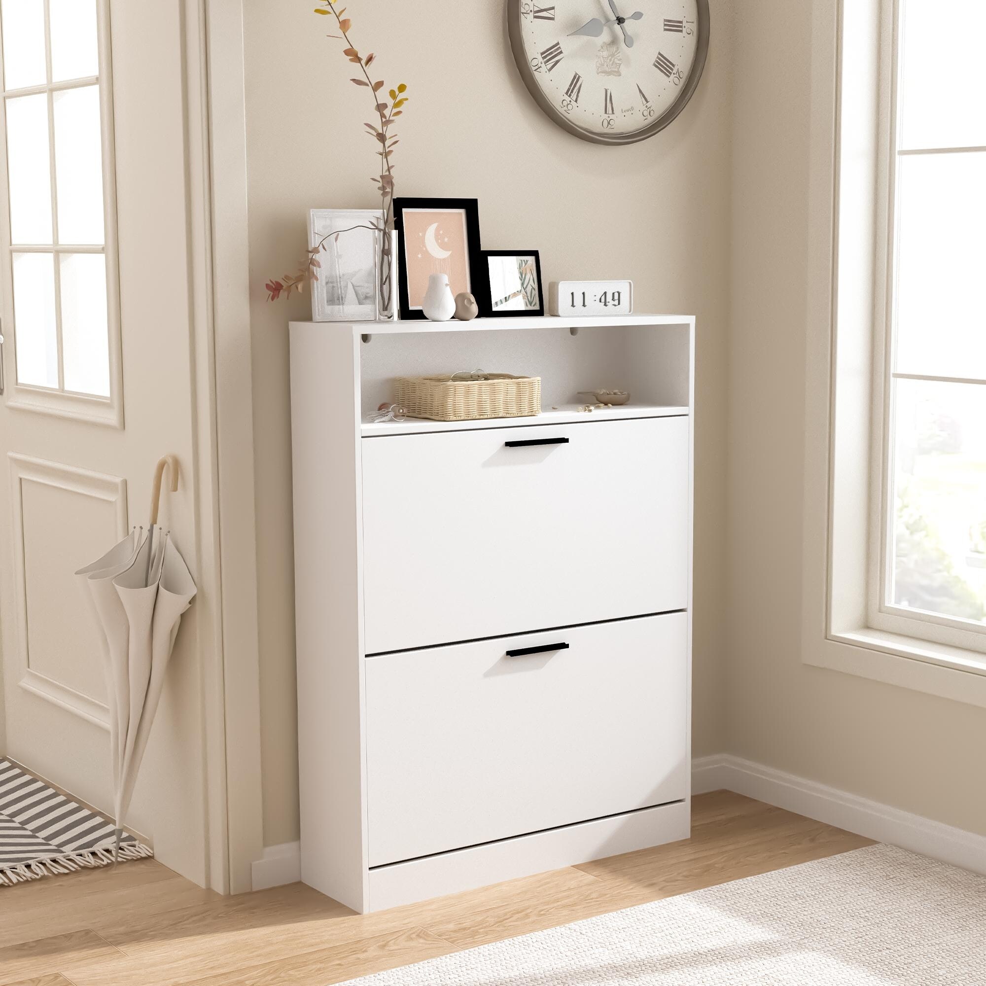Shoe Storage Cabinet with 2 Flip Drawers Sturdy Wood Hidden Shoe Storage Narrow Slim Shoe Organizer for Front Door Entrance Bed Bath Beyond 40732498