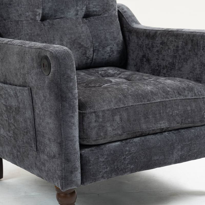 Chenille Accent Chair with USB Port, Ergonomic Upholstered Armchair, Lounge Reading Chair with Side Pocket & Wooden Legs