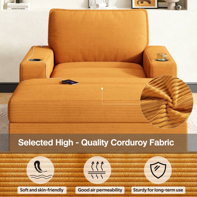 Roomfitters Oversized Chaise Lounge Chair with Storage Ottoman and Built-in USB Charging Port, Corduroy Sleeper Couch