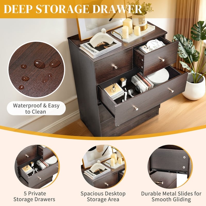 5-Drawer Dresser For Bedroom And Chest Of Drawers With Sturdy Construction Wood Storage Organizer For Closet