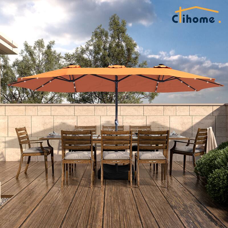 Clihome 15FT Double-Sided Solar Light Market Crank Umbrella with Base - Orange