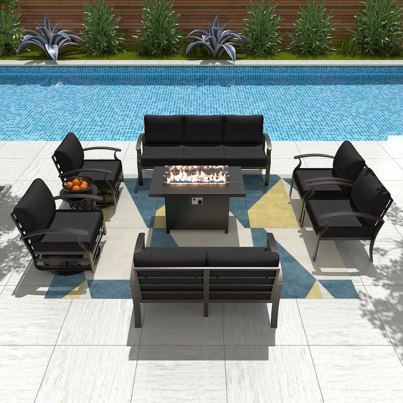 Aluminum Patio Furniture Set with FirePit Ottomans Swivel Chairs,Sectional Sofa with Thick Seat Cushions for Porch Garden - 9-Seats w/Swivel - Black