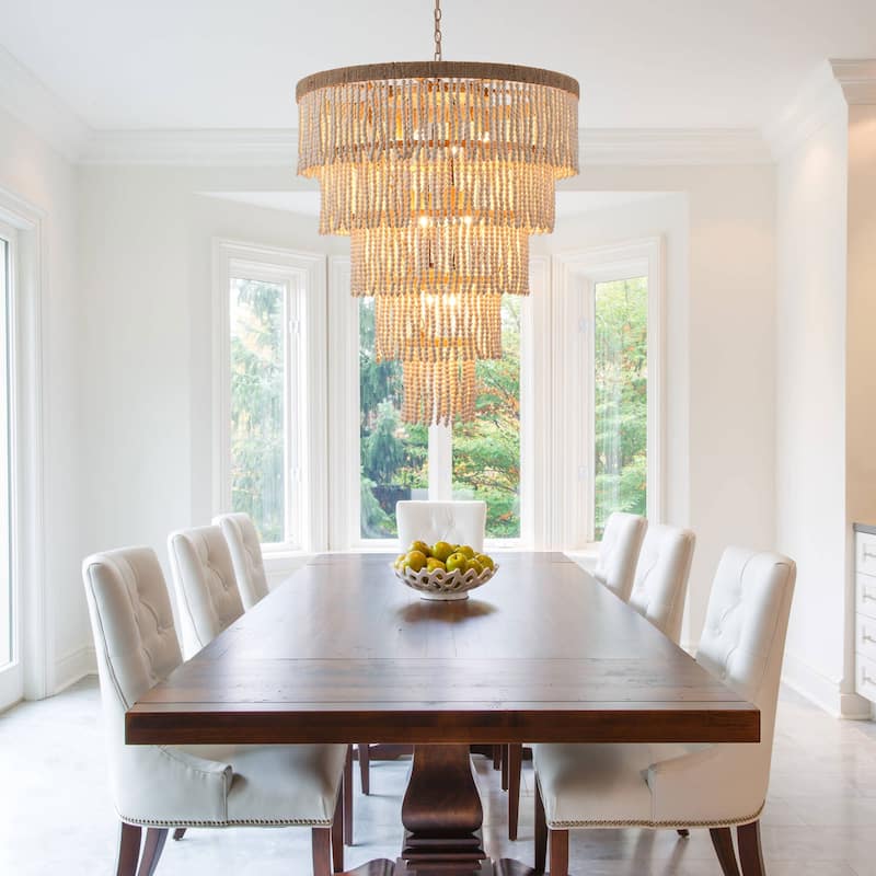 Bohemian Tiered Wood Beads Shade 9-Light Coastal Chandelier Light