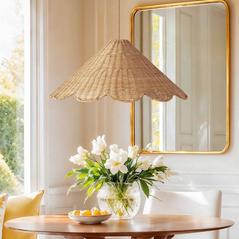 Daisy Rattan Pendant Light - Natural Large Cone 1-Light Handwoven Light Fixture For Modern, Coastal, Farmhouse, Boho Room Décor