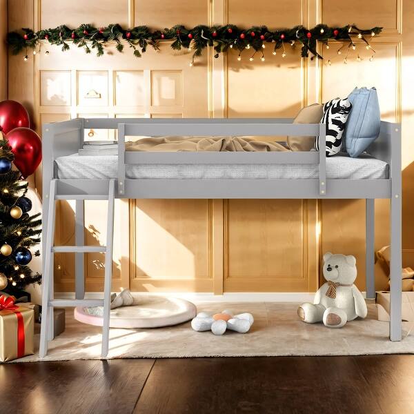slide 2 of 25, Sturdy Wood Frame Twin Size Wood Low Loft Bed With Ladder, Convertible Ladder Grey