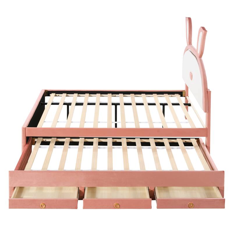 Full Size Upholstered Platform Bed with Rabbit-Shaped LED Headboard, Trundle, and 3 Drawers for Storage - Perfect for Kids