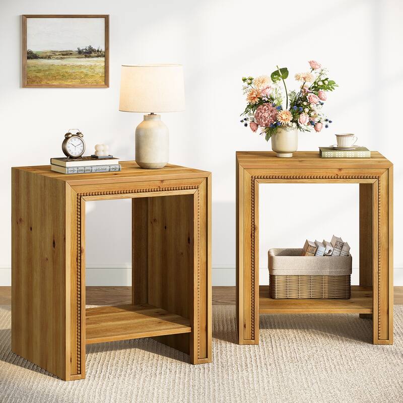 2-Tier Solid Wood End Table with Storage Shelves, Side Table Nightstand for Living Room Bedroom
