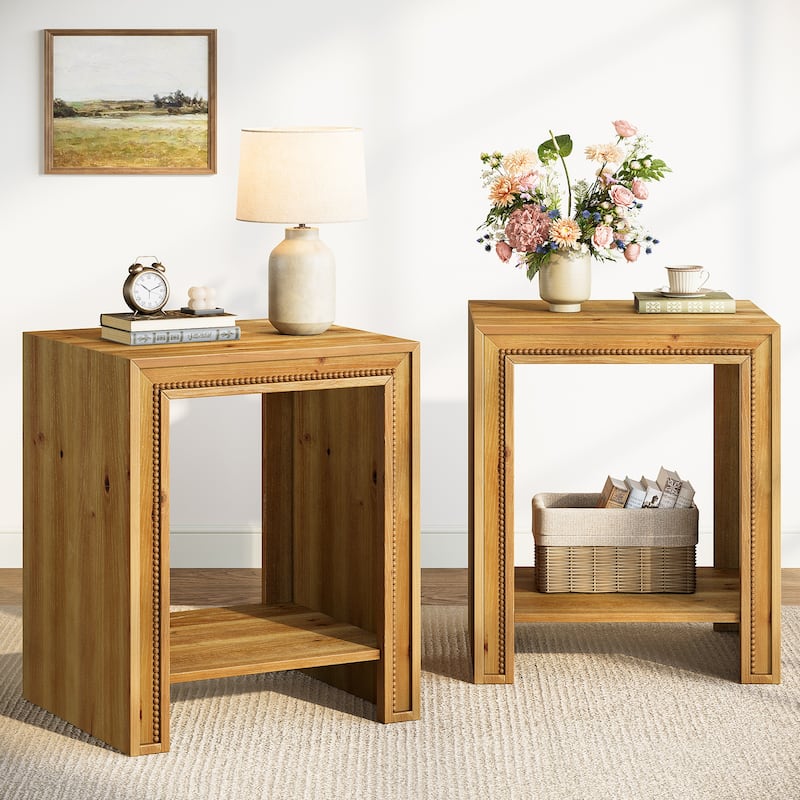 Solid Wood End Table, 2-Tier Side Table with Storage Shelves, Nightstand for Living Room, Bedroom