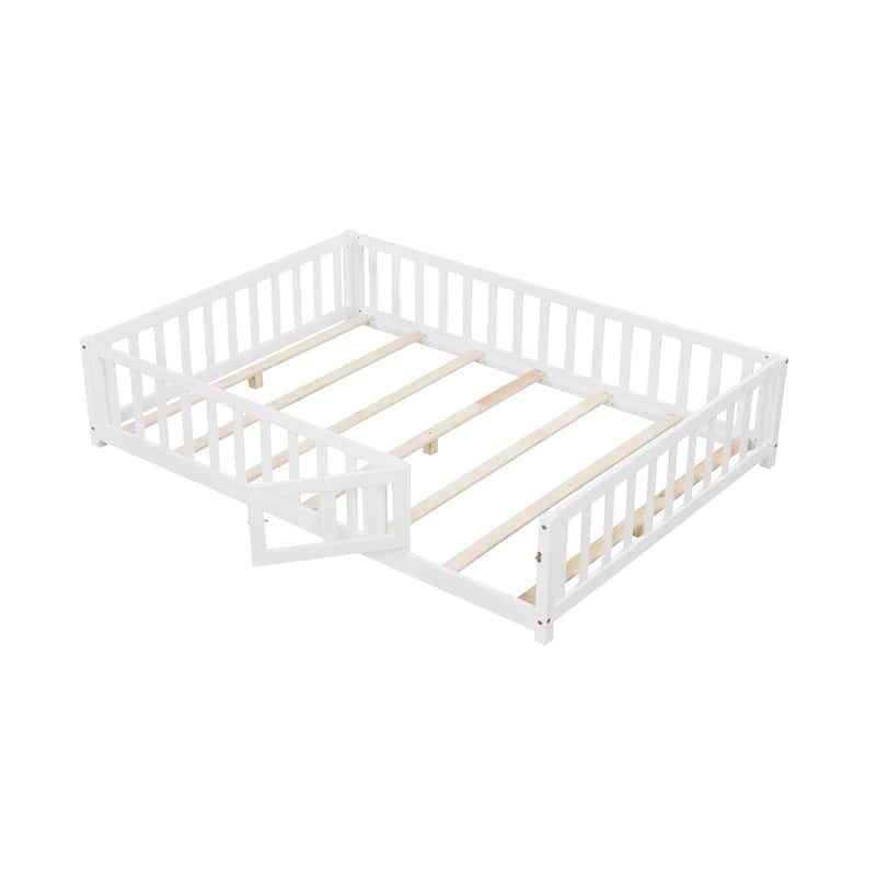Montessori Floor Bed Frame with Full-length Guardrails Safety Door and Plywood Slats