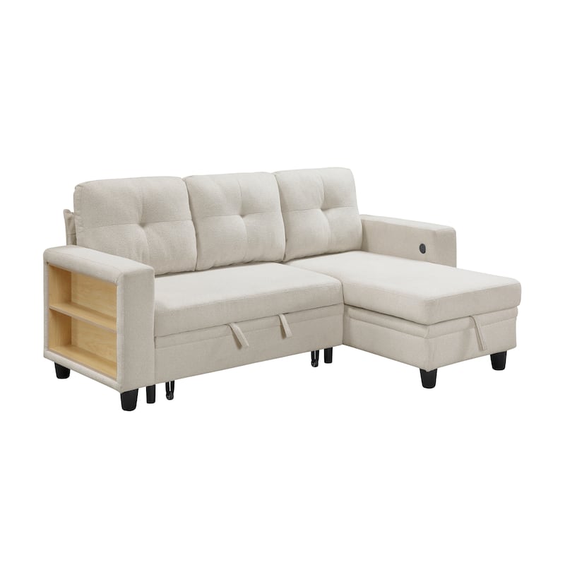 Hazel Boucle Sectional Sofa - Reversible Chaise, Pull-out Bed, Shelves - Beige