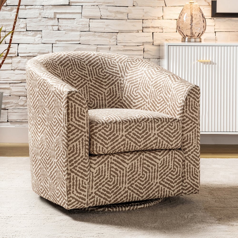 Cuenca Modern Living Room Wooden Upholstered 360° Swivel Barrel Chair with Metal Base and Wide Backrest