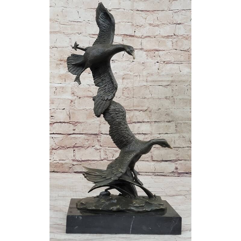Flying Ducks Family Water Birds Bronze Statue Sculpture Figure Marble Base 17 Inches X 15 Inches