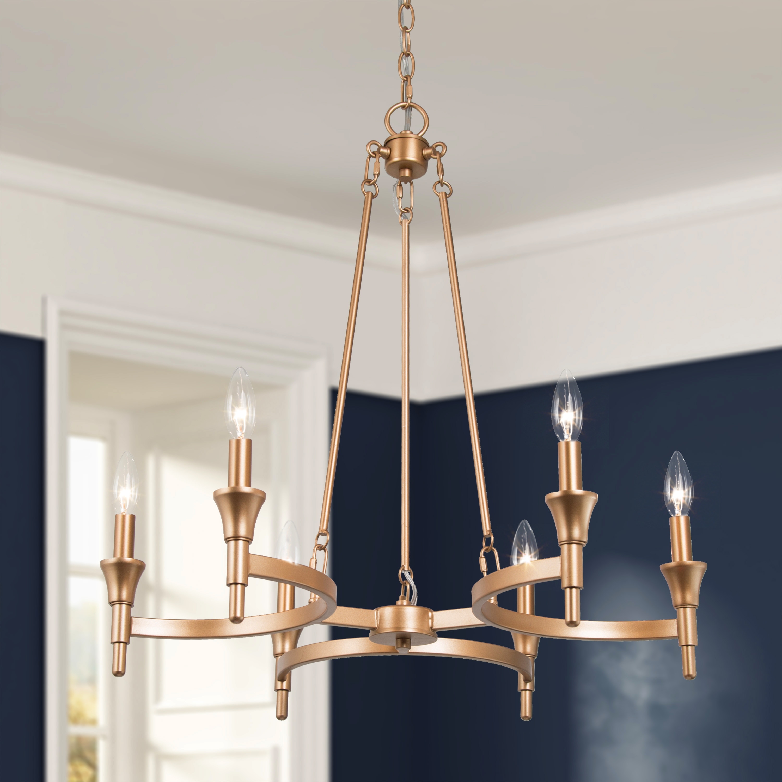 Mid Century Modern 6 Light Wheel Chandelier Wagon Wheel Candle Lights Brass Gold Metal D 25 x H 85