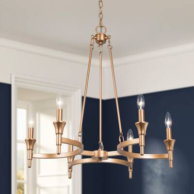 Mid-century Modern 6-light Chandelier Wagon Wheel Candle Lights with Brass Gold Metal