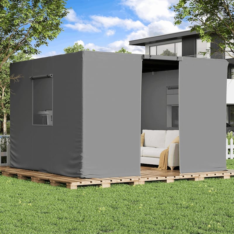 EROMMY Waterproof Pergola Winter Cover with Sidewalls, Mesh Windows and Roll-Up Door, All-Season Weather Enclosure - 12' x 12' - Grey