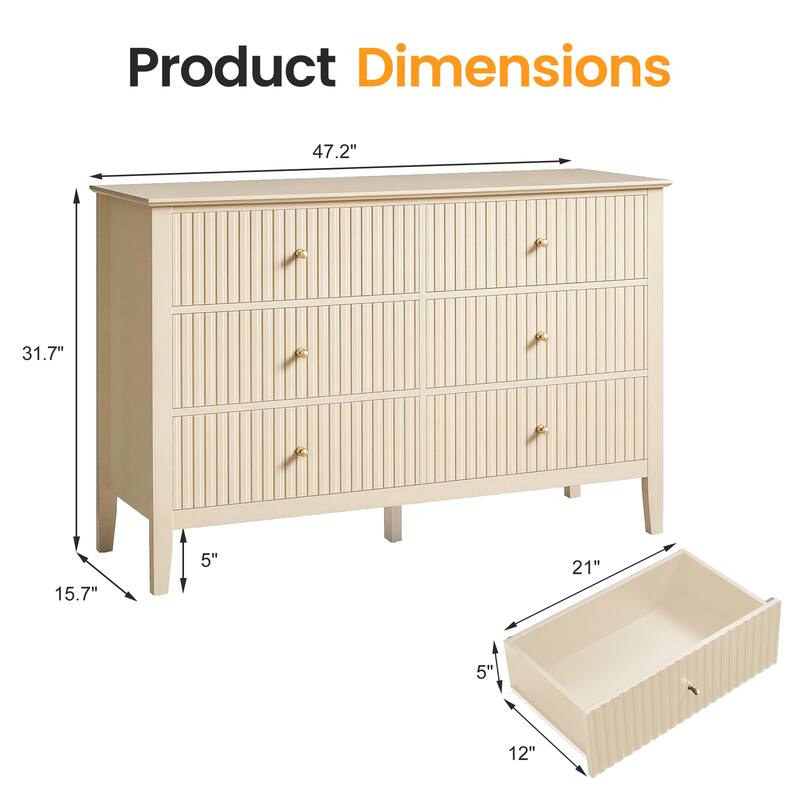 6 Drawer Dresser Fluted Modern with 5 Colors Available | High Weight Capacity Wood Dresser for Bedroom