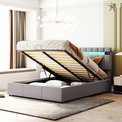 Velvet FabricUpholstered Bed with LED light, Bluetooth Player and USB Charging, Hydraulic Storage Bed