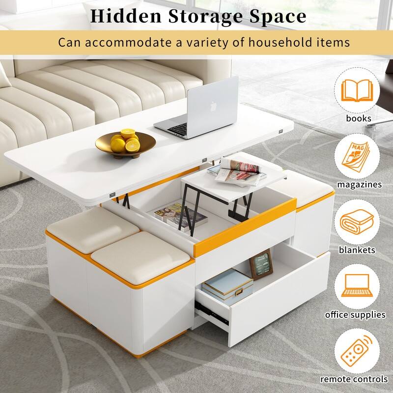 Lift-Top Coffee Table with 4 Storage Stools, Modern Space Saving Center Table with Foldable Top