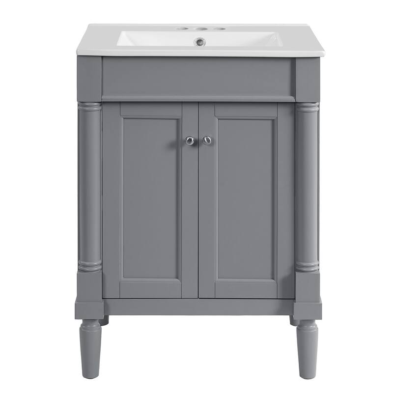 GDFStudio - Halston 2-Tier Modern Bathroom Storage Cabinet with Ceramic Sink and Large Storage Shelves - 24'W