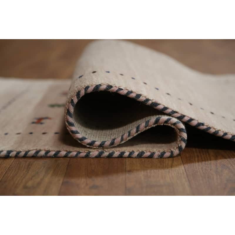 Hand Knotted Oriental 100% Wool Carpet Tribal Animal Pictorial Peach Gabbeh Runner Rug - 4' 8'' X 2' 3''