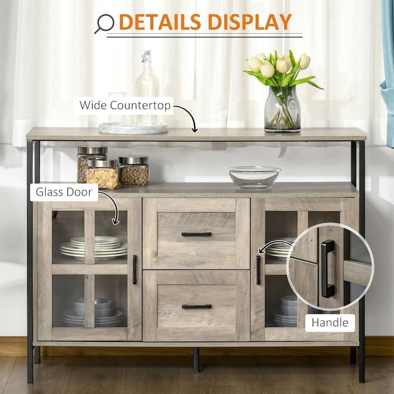 Industrial Sideboard Buffet Cabinet, Kitchen Cabinet, Coffee Bar Cabinet with Adjustable Shelves, Glass Doors, and 2 Drawers