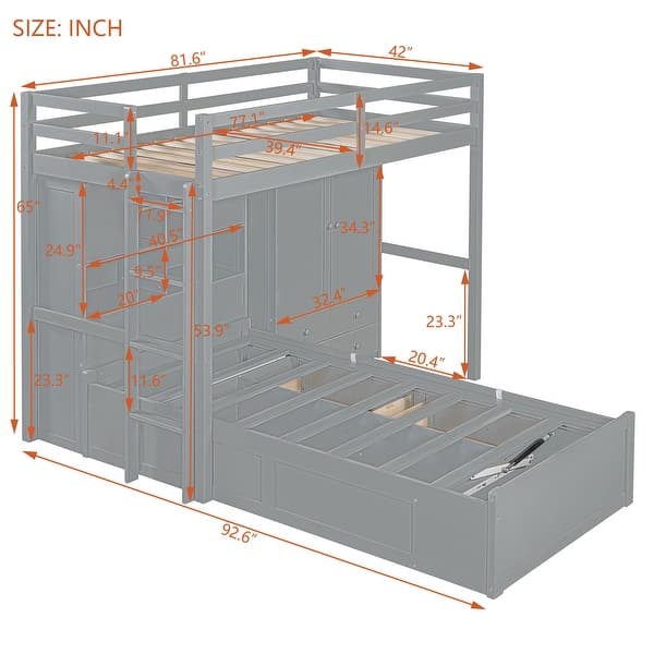 dimension image slide 2 of 3, Twin Size Hydraulic Storage Bed with Drawers, Wood Bunk Bed Frame with Wardrobe, Shelves, Ladder and Guardrails for Kids, Teens