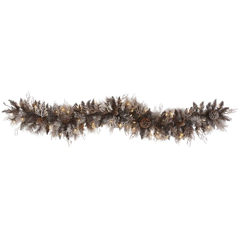 6' Flocked Artificial Christmas Garland with 50 White Warm LED Lights and Pine Cones - 72