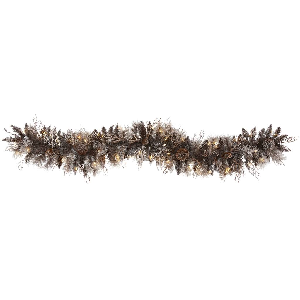 6' Flocked Artificial Christmas Garland with 50 White Warm LED Lights and Pine Cones - 72