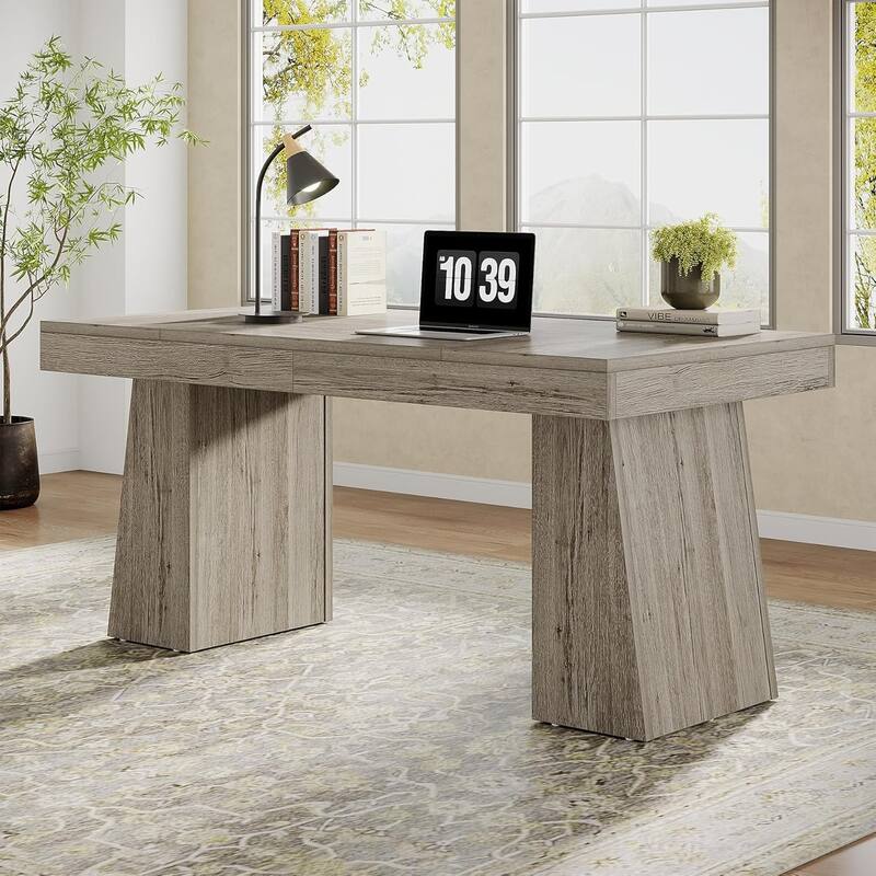 55" Modern Farmhouse Wooden Executive Desk Computer Conference Table - Light Gray