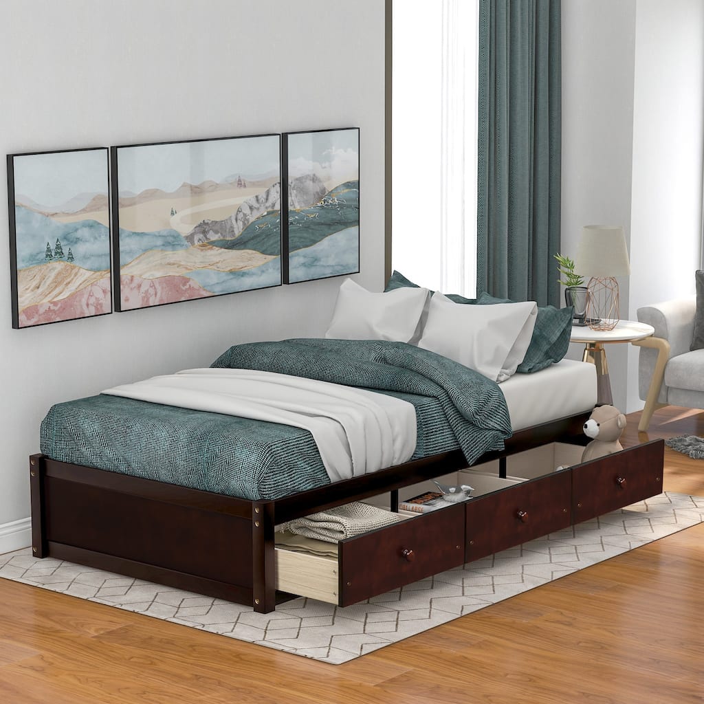 Twin Size Bed with Platform Storage and 3 Drawers