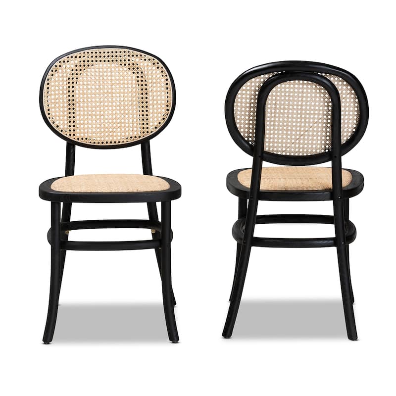 Garold Mid-Century Modern Woven Rattan and Wood Dining Chair Set(2PC)