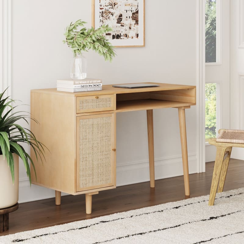 Nathan James Daisy Modern Farmhouse Desk with Storage and Brass Accent Knobs - Rattan
