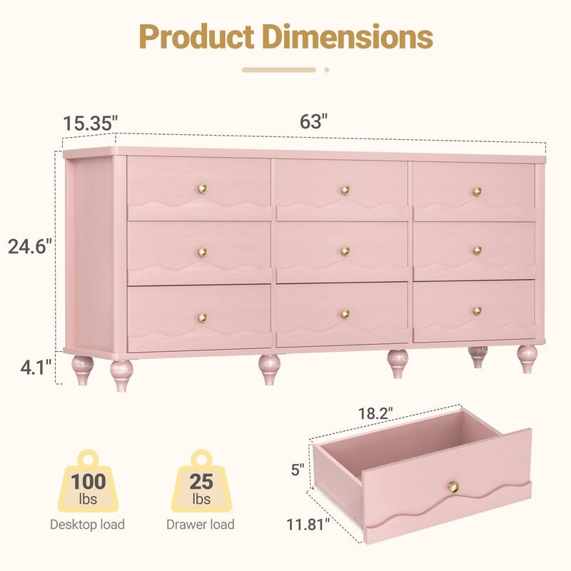Modern 9-Drawer Dresser Closet Organizer, 63-In Chest of Drawers TV Stand