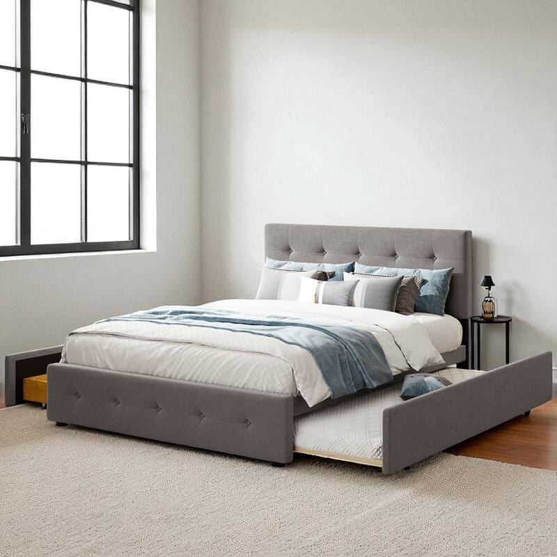 Queen Size Upholstered Platform Bed with Button-Tufted Headboard, 2 Storage Drawers and Twin XL Trundle, Linen Fabric