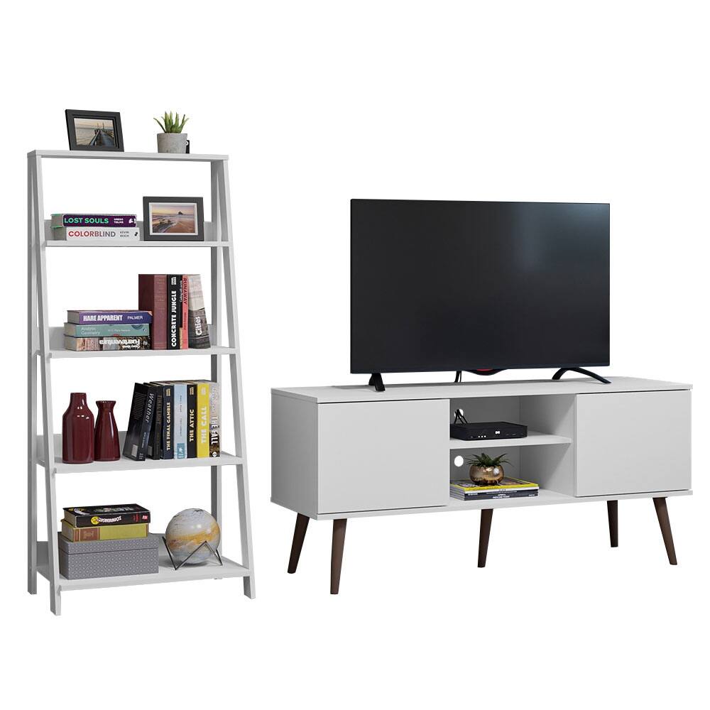 Madesa TV Stand 2 Doors and 2 Shelves 55" + Ladder Shelf Standing Bookcase - White