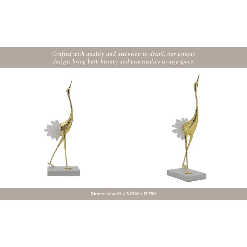 Metal Modern Crane Sculpture with Crystal Accents and Marble Base