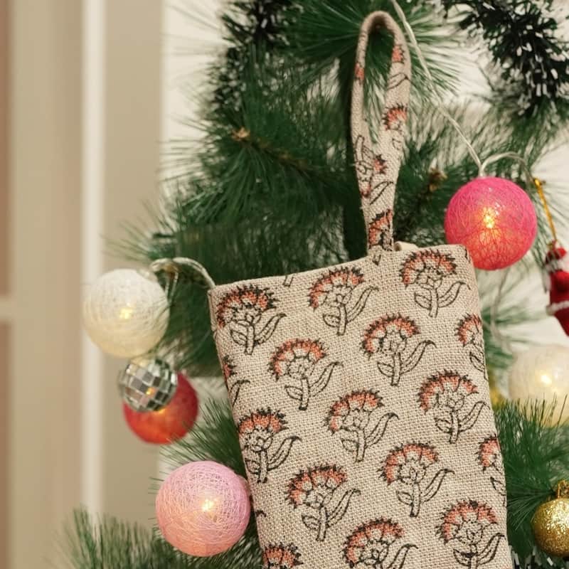 Fabdivine Hand Block Floral Print Christmas Knit Stockings, Home Decorative Gift Use - 16"X6.5"