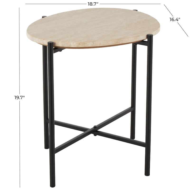Marble Round Accent Table with Black Metal Support - Beige - Roche River Decor - 16"W x 19"L x 20"H