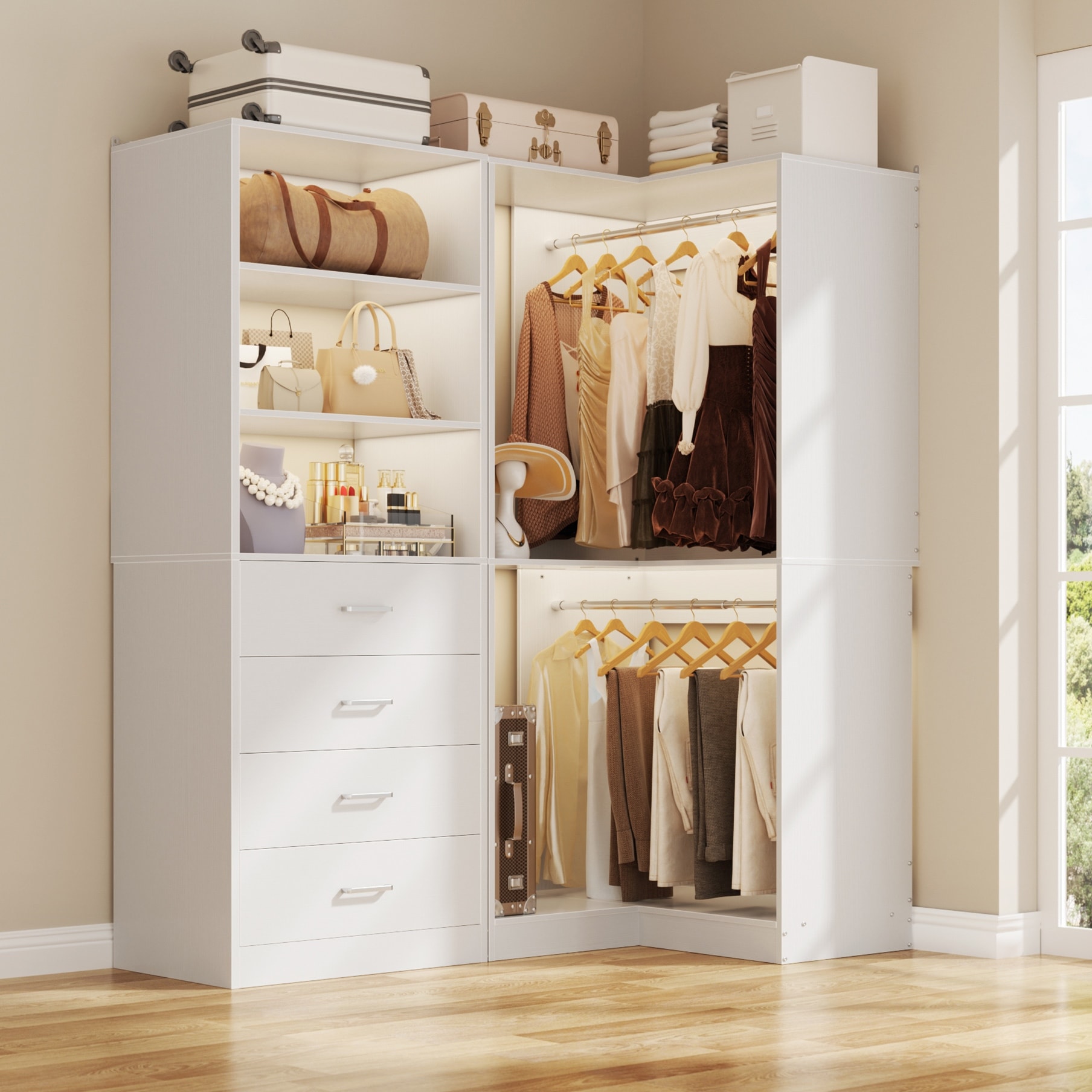 Cimly Set of 2 Corner Closet Organizer System, Freestanding Wardrobe with Wooden Drawers and Hanging Rods