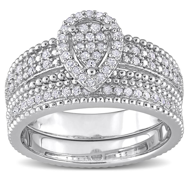 Miadora 1/3ct TDW Diamond Teardrop Clustered Multi-row Halo Bridal Ring Set in Sterling Silver