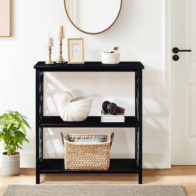 Solid Pine Wood 3 Tier Console Table with Storage Shelves, 31.5" Living Room Entryway Sofa Table with Hollow Decoration