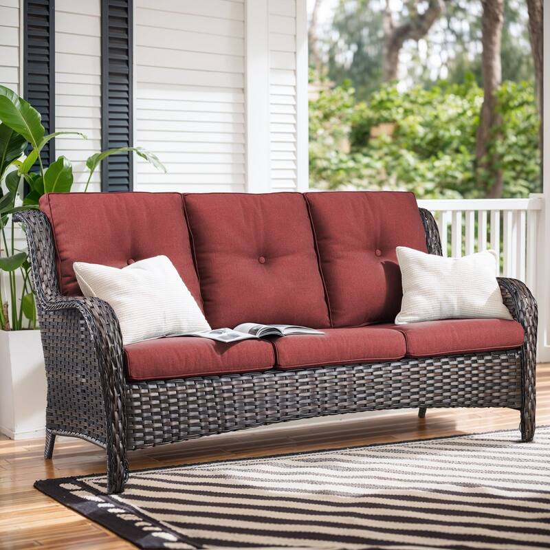 Gymojoy 4-Piece Outdoor Wicker Furniture Set, 2 Patio Chairs, 3-Seat Sofa & Fire Pit Table