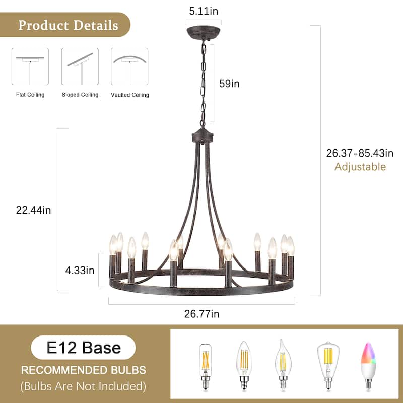 12-Light 26.77-inch Vintage Rustic Wagon Wheel Chandelier for Kitchen