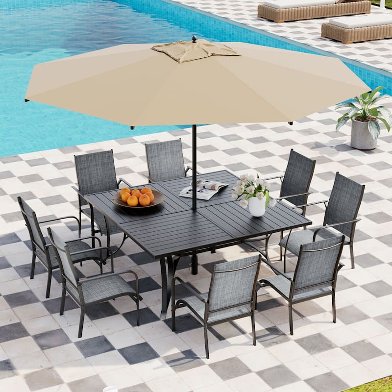 5/7/9-Piece Outdoor Patio Dining Set with Stackable Textilene Chairs and Slatted Table, Furniture with Adjustable Umbrella Hole