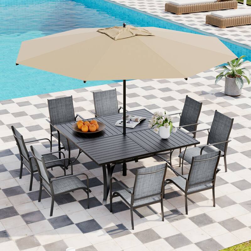 Patio Dining Set, Outdoor Dining Table and Chairs Set with Textilene Chairs, Adjustable Umbrella Hole for Garden, Backyard