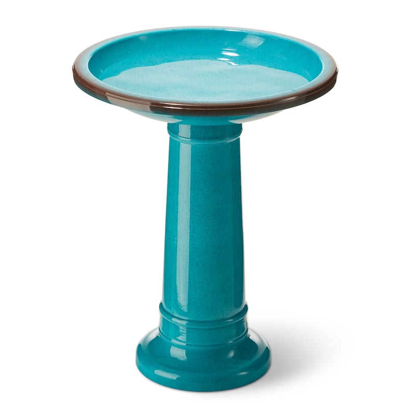 Glitzhome 21.5"H Faux Ceramic Weather-resistant Tall Pedestal Birdbath - Plastic - Green