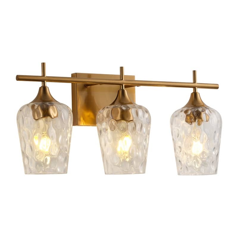 3 Light Bathroom Vanity Light with Brushed Brass Finish with Clear Textured Glass Shades