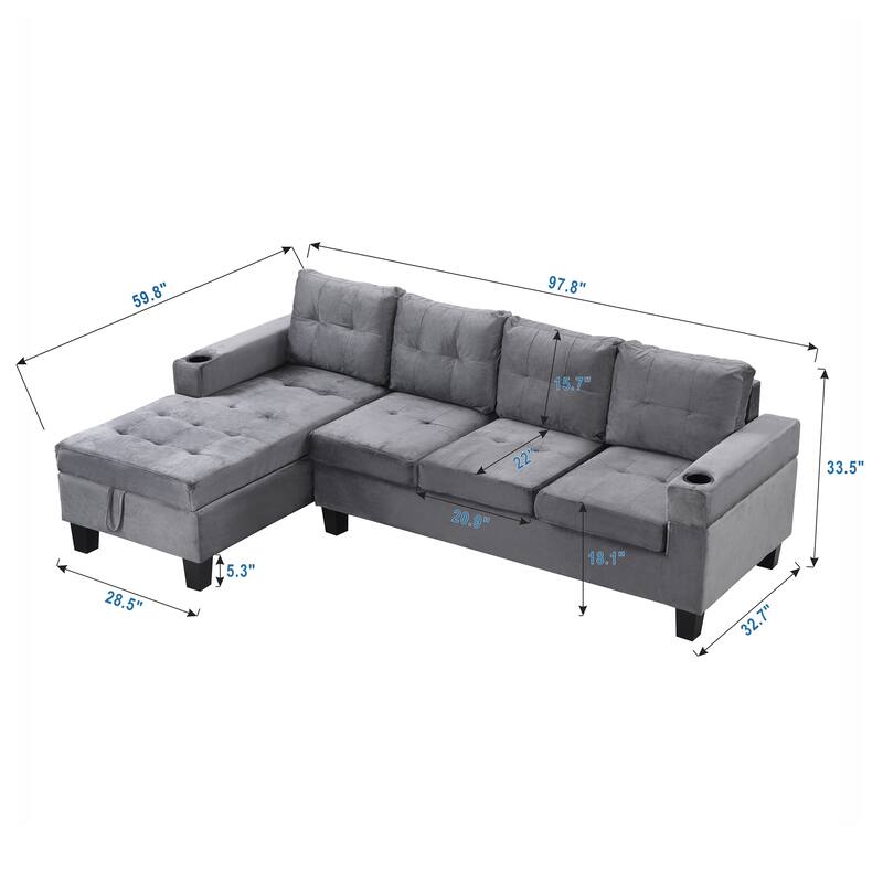 Lshape 4 Seat Sofa Set Grey Velvet Couch with Cupholder & Storage