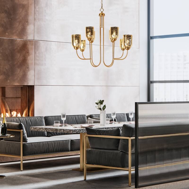 Modern 8-Light Gold Chandelier with Textured Wine Glass Shades for Dining Living Room